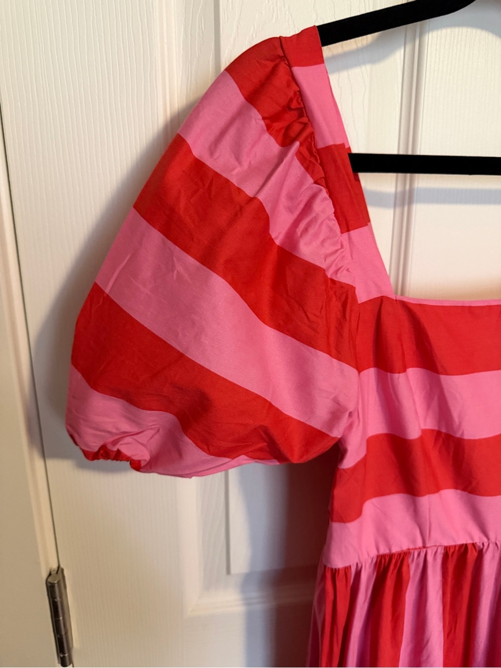 Crystal Doll Pink Red Stripe Puff Sleeve Midi Dress Cottagecore Size Small - Picture 7 of 10